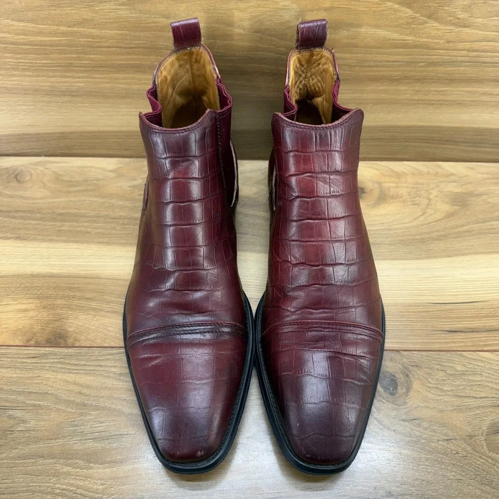 Salvatore Ferragamo Chelsea Boots Mens 8 EU 42 Burgundy Croc Embossed Square Toe